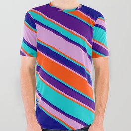 [ Thumbnail: Eyecatching Dark Turquoise, Blue, Indigo, Plum, and Red Colored Lined/Striped Pattern All Over Graphic Tee ]