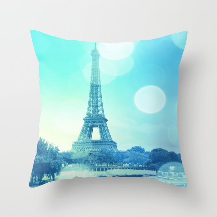 Paris Bokeh Aqua Throw Pillow