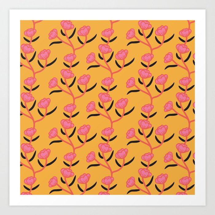Modern Floral Camellia Vine Pattern Yellow Sun Background Art Print