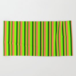 [ Thumbnail: Dark Green, Chartreuse & Coral Colored Lined/Striped Pattern Beach Towel ]