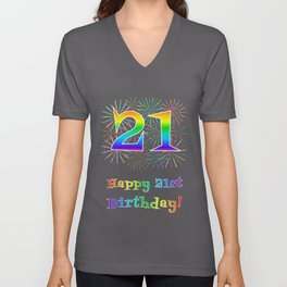 [ Thumbnail: 21st Birthday - Fun Rainbow Spectrum Gradient Pattern Text, Bursting Fireworks Inspired Background V Neck T Shirt V-Neck T-Shirt ]