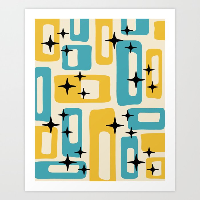 Retro Mid Century Modern Abstract Pattern 224 Blue and Yellow Art Print