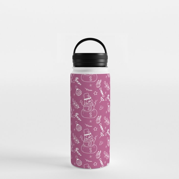 Magenta and White Christmas Snowman Doodle Pattern Water Bottle