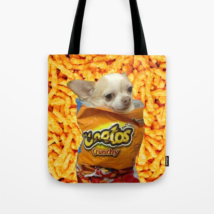 Dog in a cheeto top bag