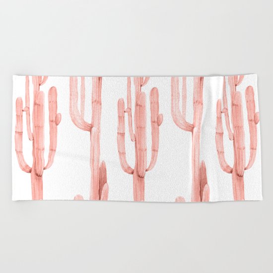Pretty Coral Pink Cactus Pattern Beach Towel