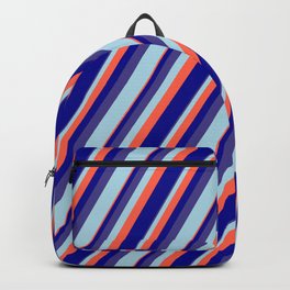 [ Thumbnail: Dark Slate Blue, Light Blue, Red, and Dark Blue Colored Lined Pattern Backpack ]