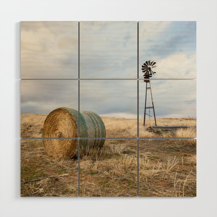 Prairie Life - Old Windmill and Round Hay Bale on Autumn Day in Oklahoma Wood Wall Art