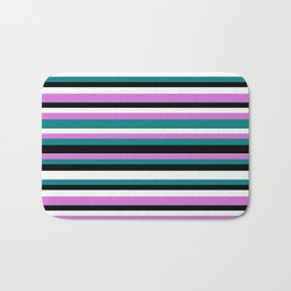 [ Thumbnail: Orchid, Teal, Black, and Mint Cream Colored Striped/Lined Pattern Bath Mat ]