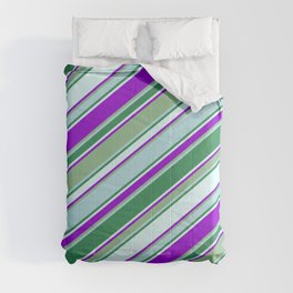 [ Thumbnail: Vibrant Dark Sea Green, Powder Blue, Sea Green, Light Cyan & Dark Violet Colored Lines Pattern Comforter ]
