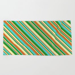 [ Thumbnail: Pale Goldenrod, Chocolate, Turquoise & Forest Green Colored Lines Pattern Beach Towel ]