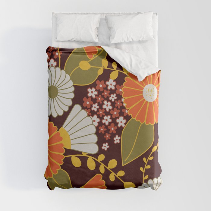 Maroon, Orange, Yellow and Red Retro Flowers Duvet Cover