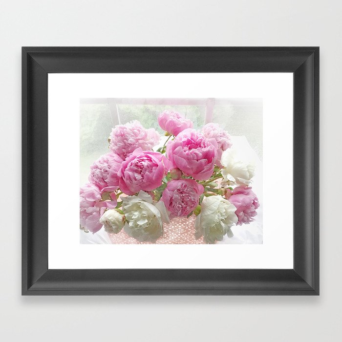 Shabby Chic Garden Pink White Peonies In Window Cottage Flower Wall Art Print, Home Decor, Gift Decor Framed Art Print