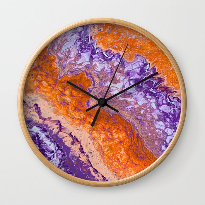 Clemson Orange and Purple Paint Pour Effect Wall Clock