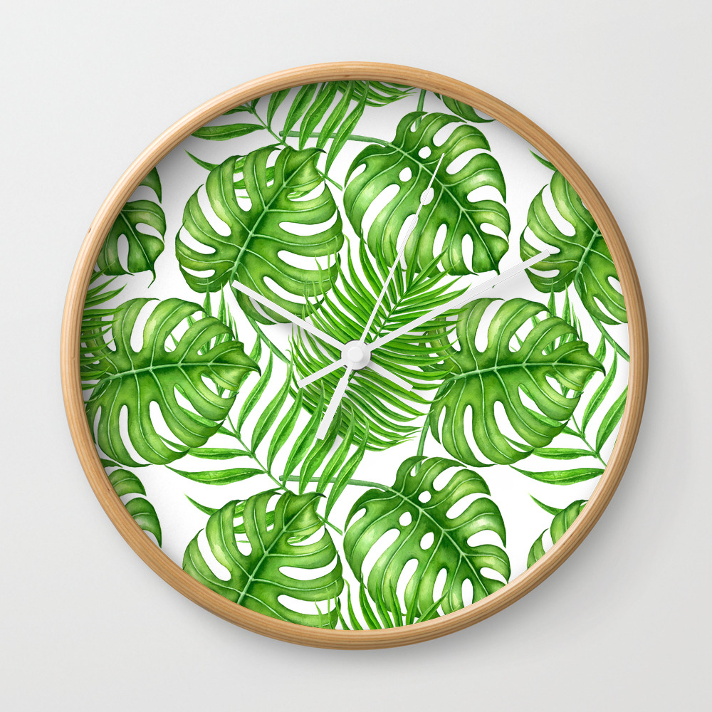 Tropical Leaves Watercolor Wall Clock by katerinamitkova