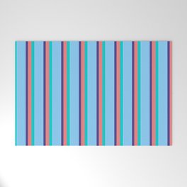 [ Thumbnail: Dark Turquoise, Light Coral, Dark Slate Blue, Light Sky Blue & White Colored Pattern of Stripes Welcome Mat ]