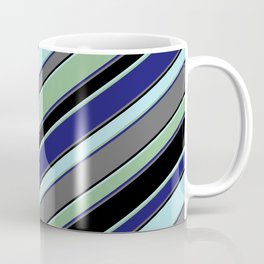 [ Thumbnail: Powder Blue, Dark Sea Green, Midnight Blue, Dim Gray, and Black Colored Striped/Lined Pattern Coffee Mug ]