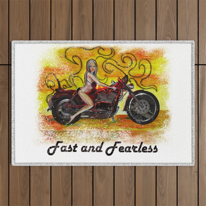 Fast and Fearless Pinup bikini motorcycle girl Outdoor Rug