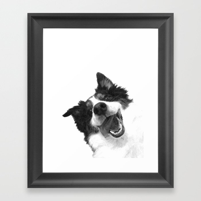 Black and White Happy Dog Framed Art Print