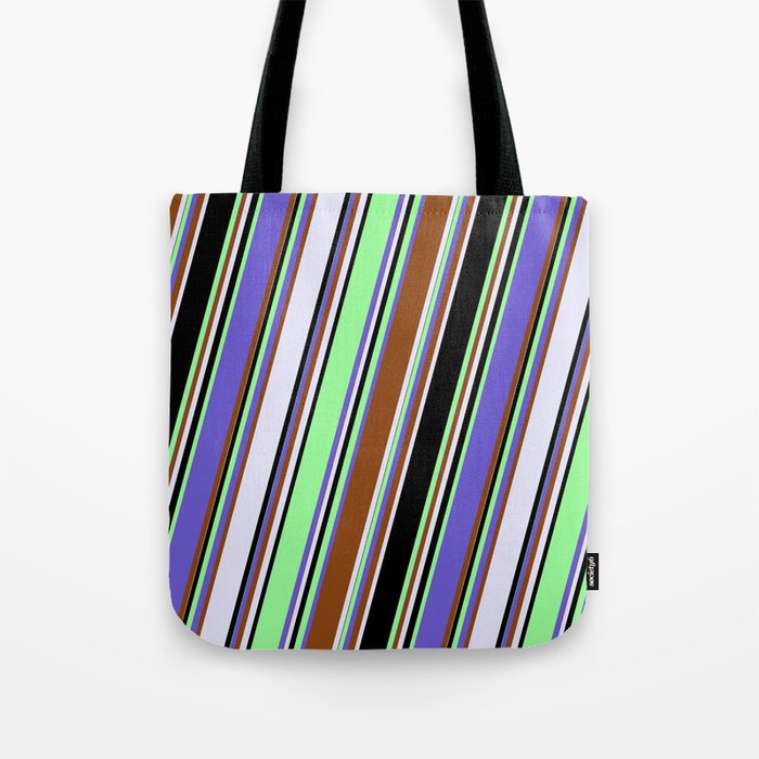 Eyecatching Slate Blue, Brown, Lavender, Black & Green Colored Stripes Pattern Tote Bag