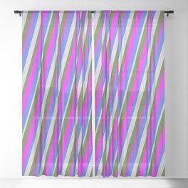 [ Thumbnail: Royal Blue, Light Grey, Dark Olive Green, and Fuchsia Colored Stripes Pattern Sheer Curtain ]