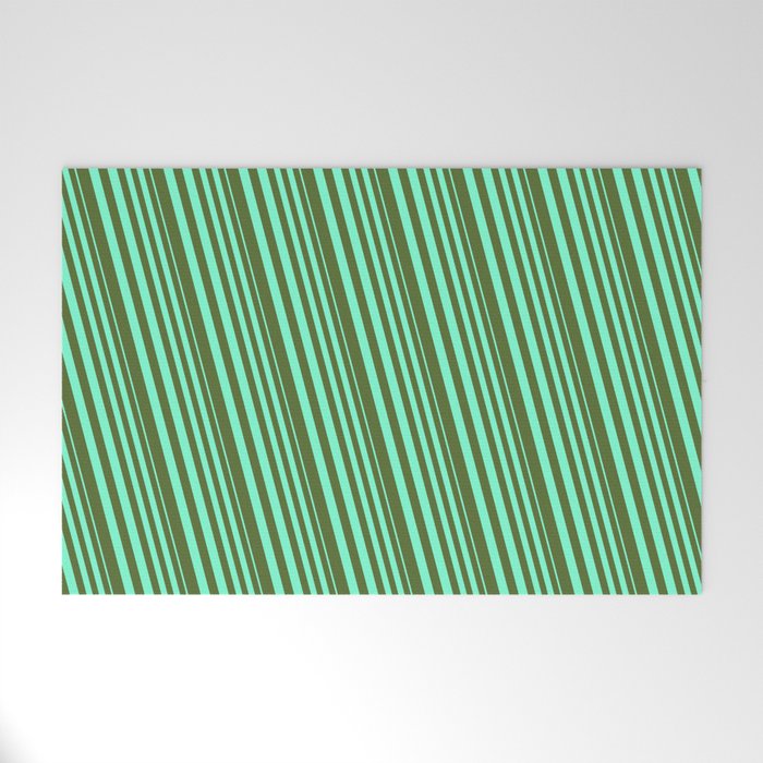 Aquamarine & Dark Olive Green Colored Lines/Stripes Pattern Welcome Mat