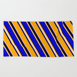 [ Thumbnail: Orange, Tan, Blue, and Black Colored Striped Pattern Beach Towel ]