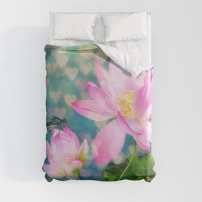 Dreamy vintage Lotus and Dragonfly Duvet Cover