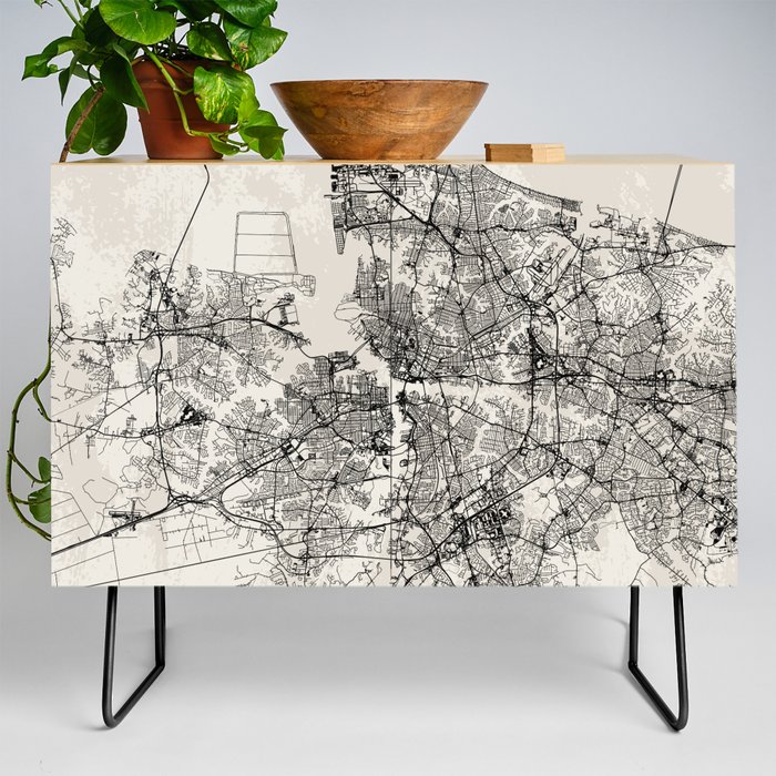 Norfolk - USA. Black and White City Map Credenza