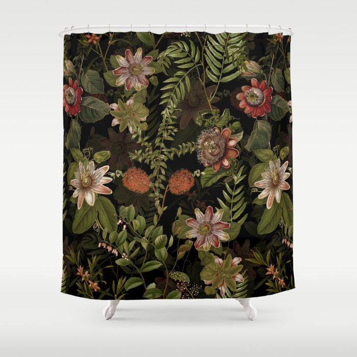 Midnight Summer Sepia Exotic Passiflora Flowers Garden Shower Curtain