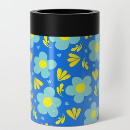 Happy Days in Teal and Yellow on Ocean Blue Can Cooler