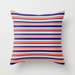 [ Thumbnail: Blue, Dark Salmon, Turquoise, and Red Colored Striped/Lined Pattern Throw Pillow ]