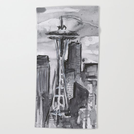 Seattle Skyline Watercolor Space Needle Washington PNW Beach Towel