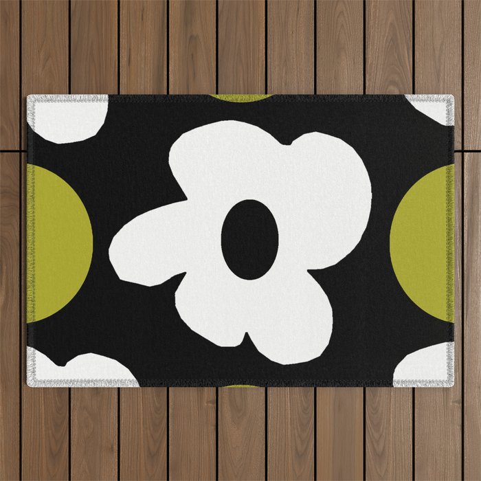 Large White Retro Flowers Olive Green Dots Black Background #decor #society6 #buyart Outdoor Rug