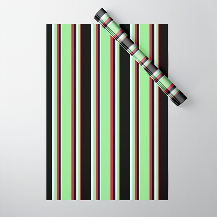 Crimson, Light Green, Light Cyan, and Black Colored Pattern of Stripes Wrapping Paper