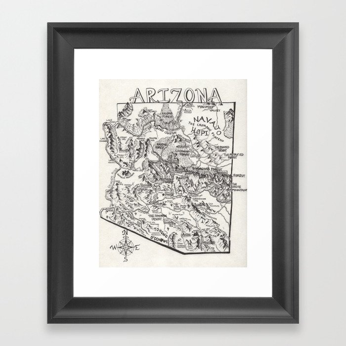 Hand-Drawn Arizona Map Framed Art Print