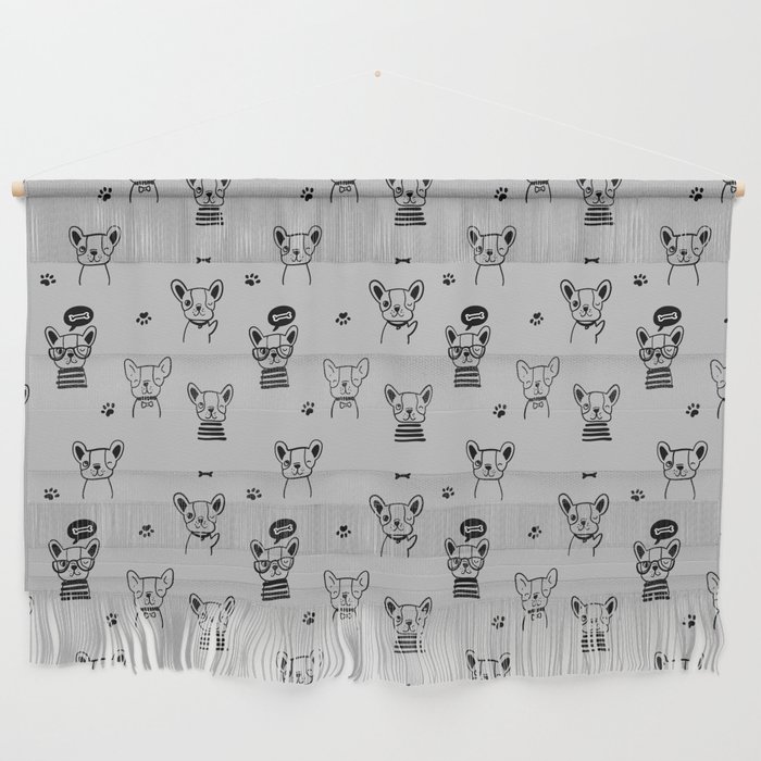 Light Grey and Black Hand Drawn Dog Puppy Pattern Wall Hanging