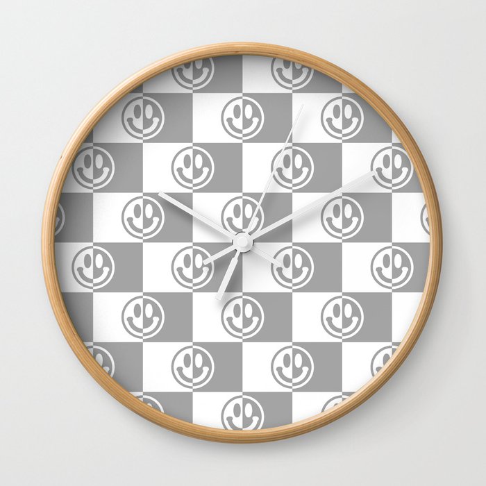 Smiley Faces On Checkerboard (Grey & White)  Wall Clock