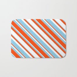 [ Thumbnail: Sky Blue, Red & White Colored Stripes/Lines Pattern Bath Mat ]