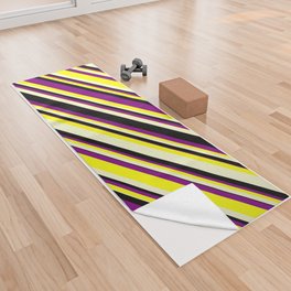 [ Thumbnail: Purple, Yellow, Light Yellow & Black Colored Lines/Stripes Pattern Yoga Towel ]