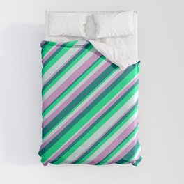 [ Thumbnail: Plum, Teal, Green & Light Cyan Colored Striped Pattern Duvet Cover ]