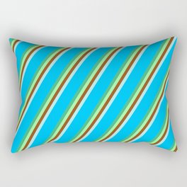 [ Thumbnail: Eyecatching Sea Green, Green, Brown, Turquoise, and Deep Sky Blue Colored Lined Pattern Rectangular Pillow ]