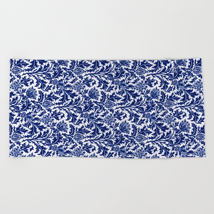 William Morris Thistle Damask, Cobalt Blue & White Beach Towel