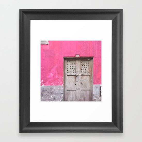 Grey Door on Pink Wall (Retro and Vintage Urban, architecture photography) Framed Art Print