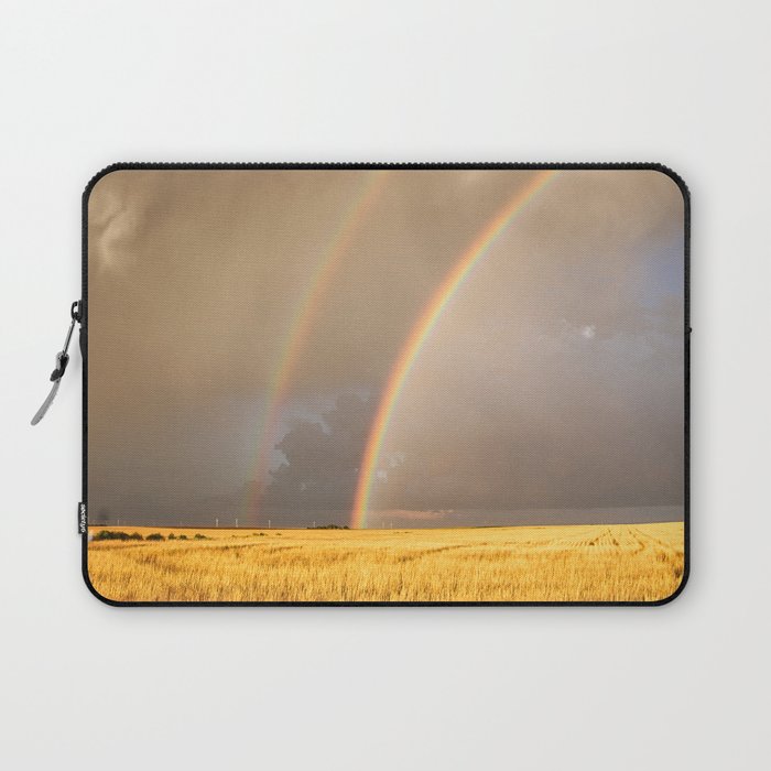 Pot O' Gold - Brilliant Rainbow Ends in Golden Wheat Field on Autumn Day in Kansas Laptop Sleeve