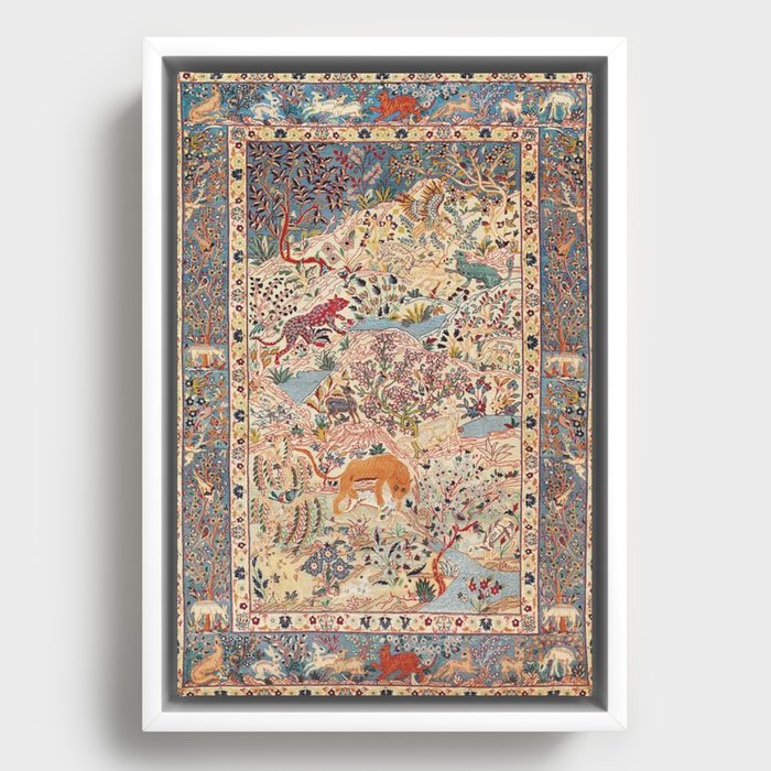 Antique Wild Animals Pictorial Persian Isfahan Rug Print Framed Canvas