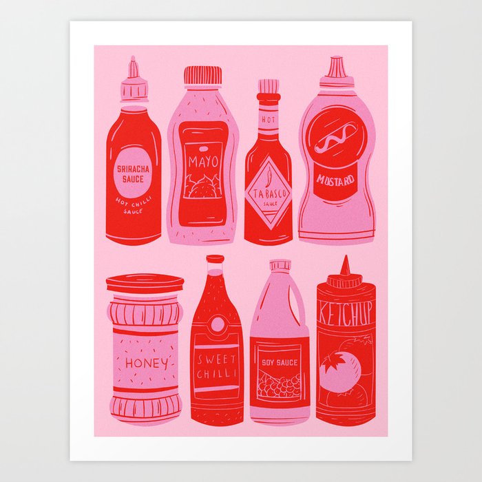 Pink & Red Condiments Pattern, Pantry Food & Sauces. Art Print