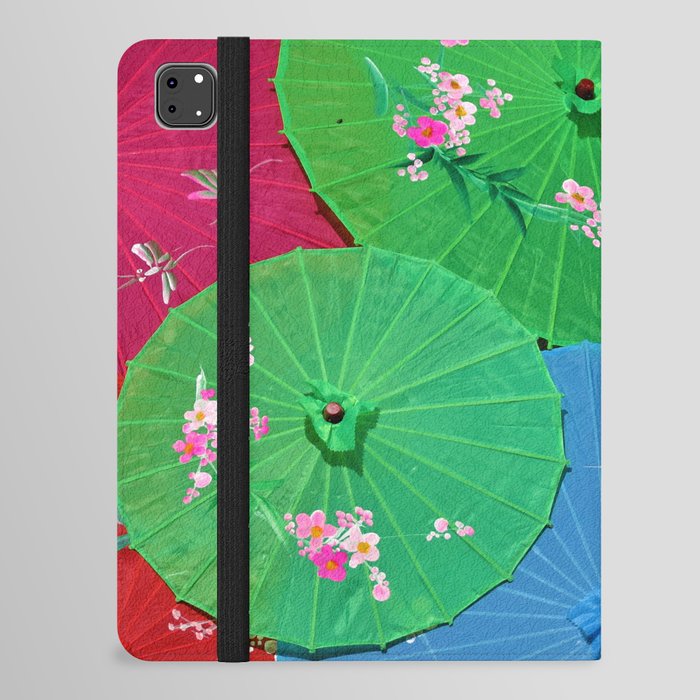 Multi-colored Chinese umbrellas / parasols with tropical pink flower petals color photograph / photography for home and wall decor iPad Folio Case