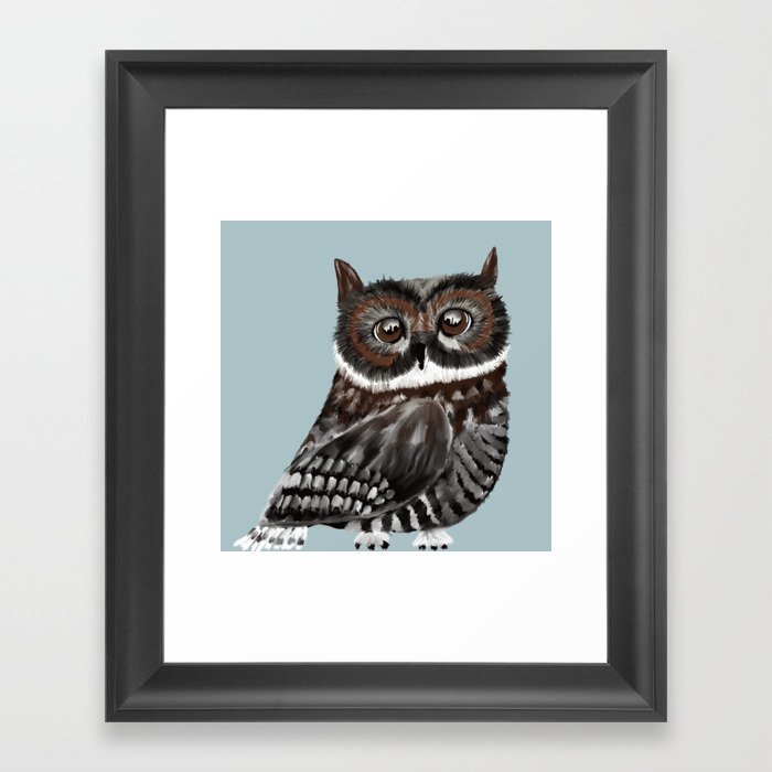 Adorable Owl In Blue Framed Art Print | Painting, Digital, Owl, Blue-background, Ownl-in-blue-design, Beautiful-eyed-owl, Big-eyed-owl, Owl-with-big-eyes, Owl-home-decor, Owl-art-print