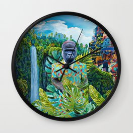 Gorilla in the jungle Wall Clock | House, Monkey, Animal, Life, Forest, Clouds, Jungleart, Tropical, Green, Waterfall 