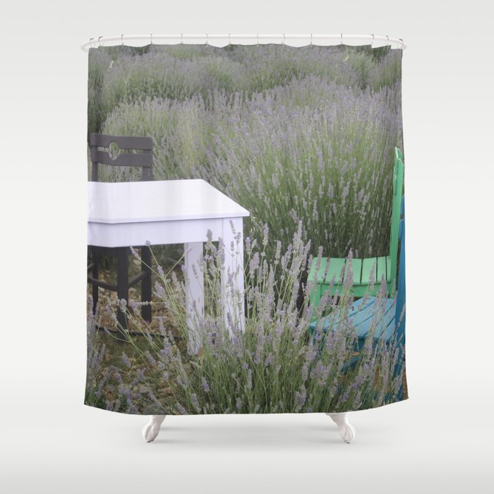 Table For Three In A Lavender Field Photography Shower Curtain